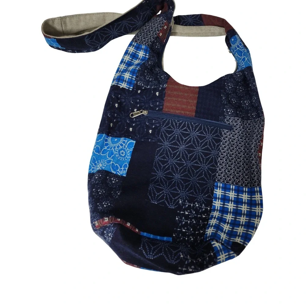 Indigo Patchwork Hobo Bag Blue Cotton Canvas Crossbody Boho Sashiko Style